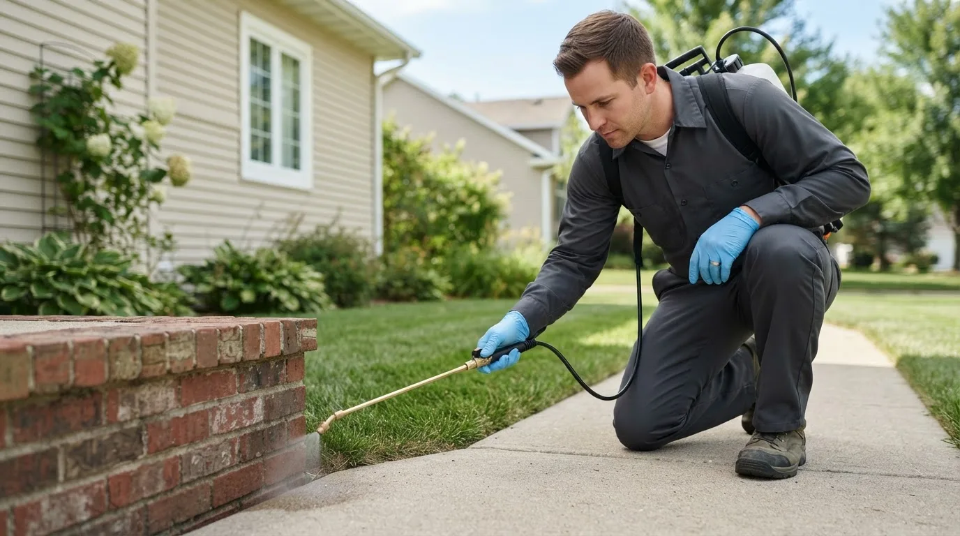 Pest control technician treating a home near Rehrersburg, PA